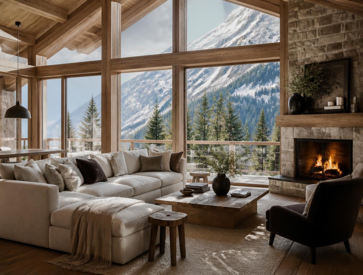 Chalet living room with fireplace and mountain view