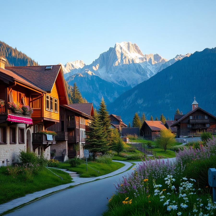 Alpine village and mountain peaks in summer